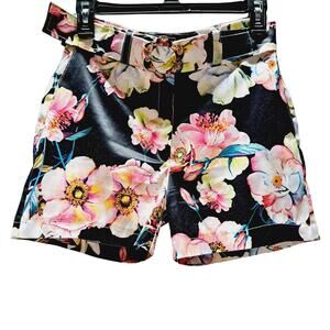 NWOT Black Pink White Hawaiian Floral Summer Shorts Matching Belt READ for Size